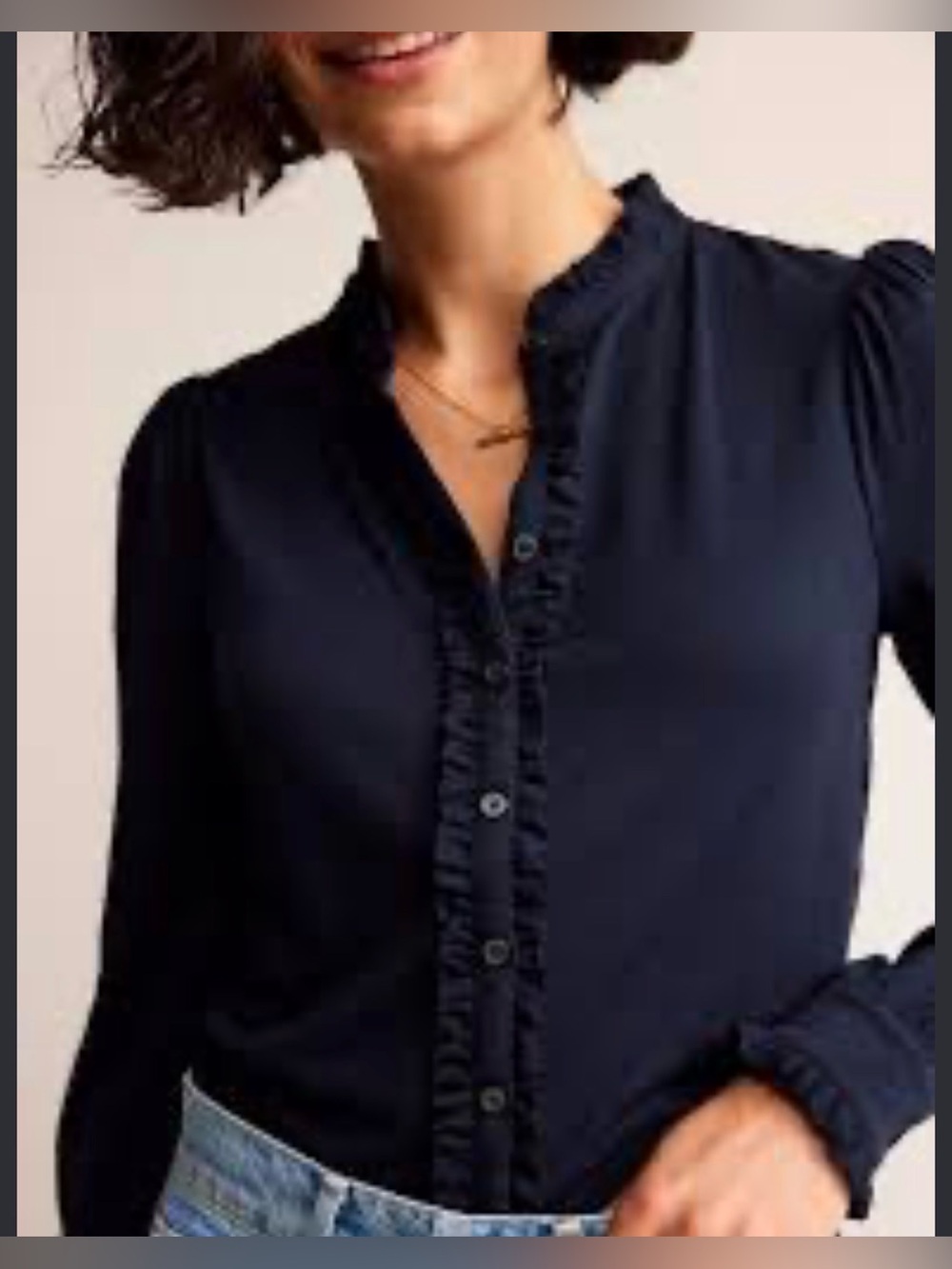 BODEN Caroline Jersey Knit Ruffled Navy Button up Shirt